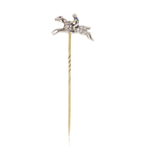 Antique gold silver horse racing jockey pin with enamel, diamonds and ruby. Circa 1890's