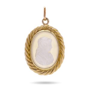 Antique Carved Shell and Chalcedony Cameo Pendant in 20 Carat Gold Circa 1860’s