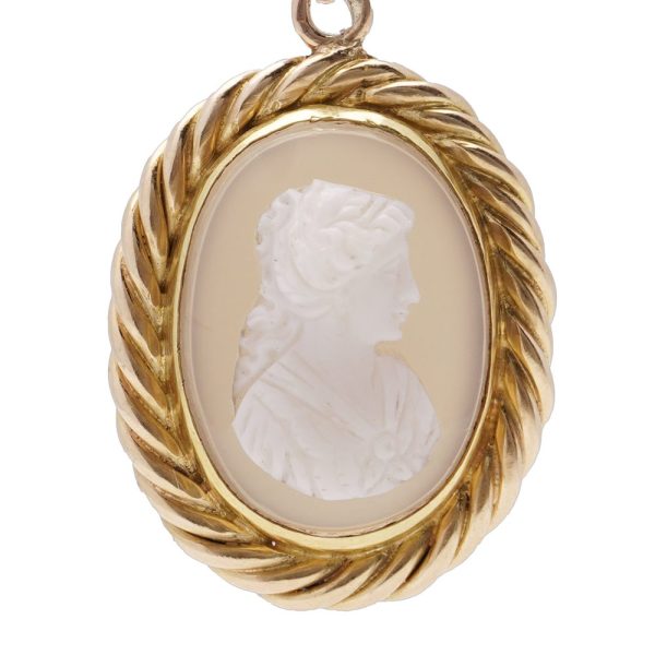 Victorian pendant carved shell and chalcedony set in 20 carat yellow gold.circa 1860's.