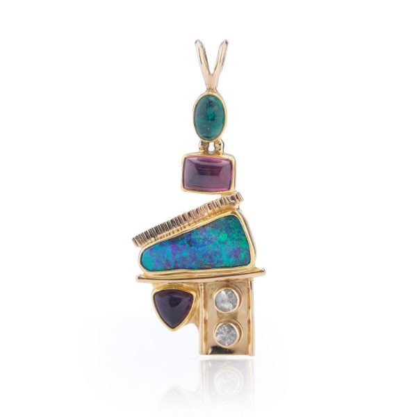 Gold pendant with opal, diamonds, emerald, amethyst, and pink spinel.
