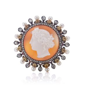 Victorian carnelian cameo diamond and pearl brooch in 18 carat gold.