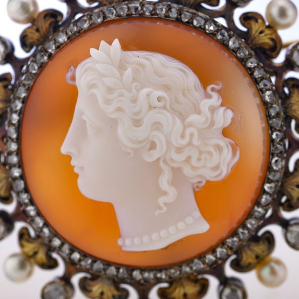 Victorian carnelian cameo diamond and pearl brooch in 18 carat gold.
