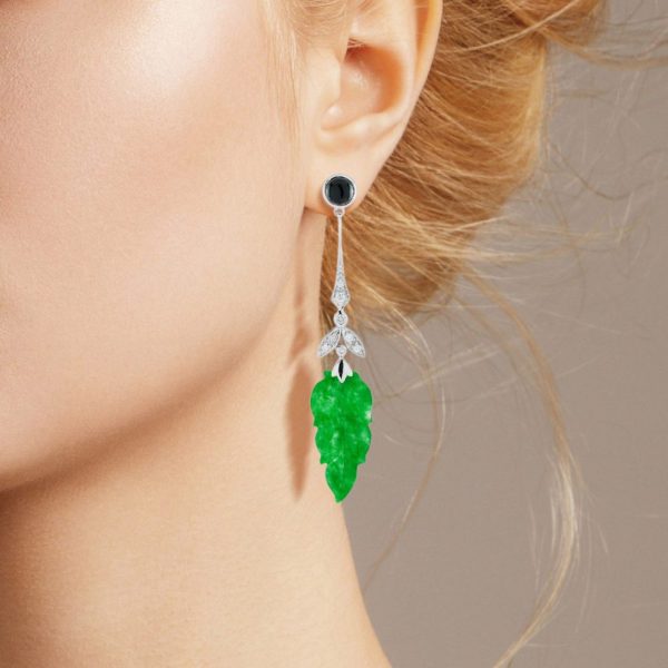 Carved Jadeite Jade Onyx and Diamond Leaf Drop Earrings