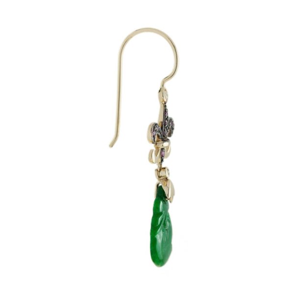 Carved Jade Drop Earrings with Ruby Fleur de Lis Tops with diamond accents