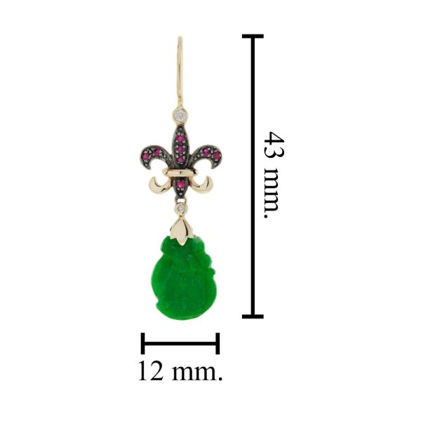 Carved Jade Drop Earrings with Ruby Fleur de Lis Tops with diamond accents in 9ct yellow gold with French wire fittings