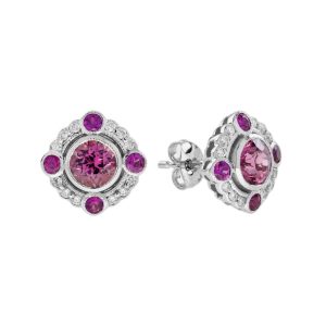 Pink Tourmaline with Ruby and Diamond Cluster Stud Earrings