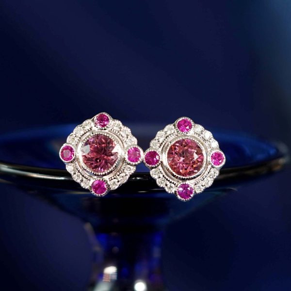 Pink Tourmaline with Ruby and Diamond Cluster Stud Earrings
