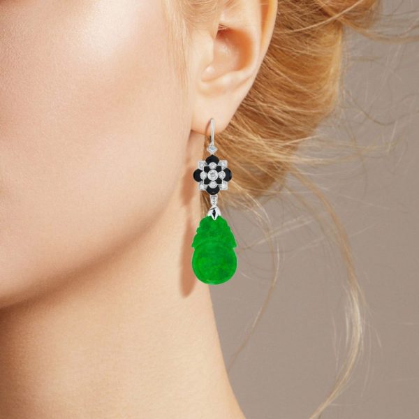 Carved Jadeite Jade Drop Earrings with Diamond and Black Enamel Cluster Tops