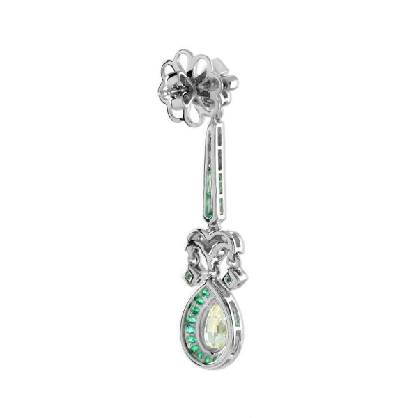 GIA Certified 2.25ct Pear Cut Yellow Diamond and Emerald Cluster Drop Earrings