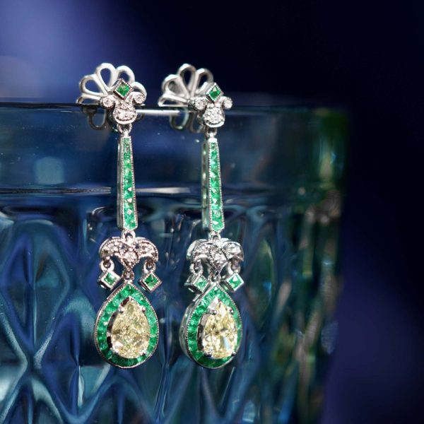 2.25ct Pear Cut Yellow Diamond and Emerald Cluster Drop Earrings with GIA certificates