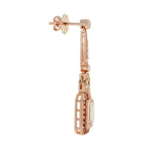4ct Emerald Cut Morganite and Orange Sapphire Cluster Drop Earrings with Diamonds in 18ct Rose Gold