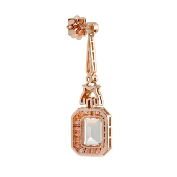 4ct Emerald Cut Morganite and Orange Sapphire Cluster Drop Earrings with Diamonds in 18ct Rose Gold