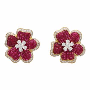 14.38ct Ruby and Diamond Floral Motif Cluster Earrings