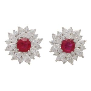 ruby and diamond cluster earrings, fine earrings, cushion ruby and marquise diamond surround