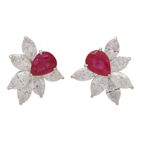 Ruby and diamond spray flower earrings Marquise cut diamond and pear ruby