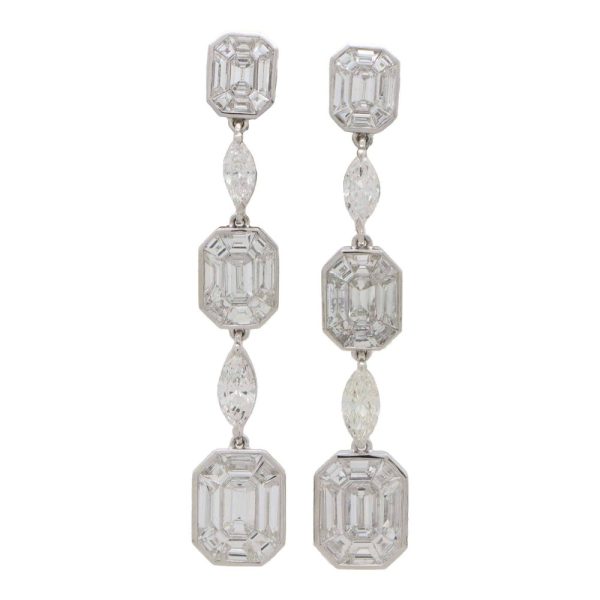 Marquise cut and emerald cut diamond drop earrings, halo clusters