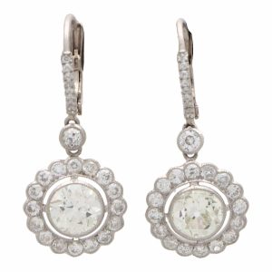 3.82ct European Old Cut Diamond Cluster Drop Earrings