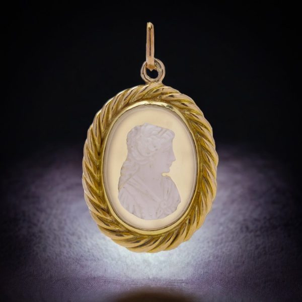 Victorian pendant carved shell and chalcedony set in 20 carat yellow gold.circa 1860's.