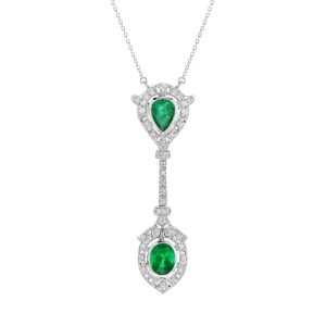 Pear and Oval Emerald with Diamond Double Cluster Drop Pendant Necklace