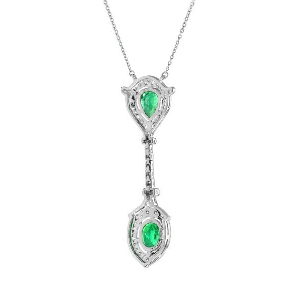 Pear and Oval Emerald with Diamond Double Cluster Drop Pendant Necklace
