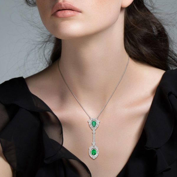 Pear and Oval Emerald with Diamond Double Cluster Drop Pendant Necklace