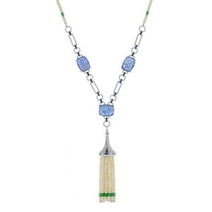 Carved Tanzanite and Pearl and Emerald Bead Tassel Drop Pendant Necklace with Diamond and Sapphire