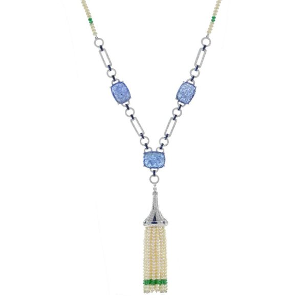 Carved Tanzanite and Pearl and Emerald Bead Tassel Drop Pendant Necklace with Diamond and Sapphire