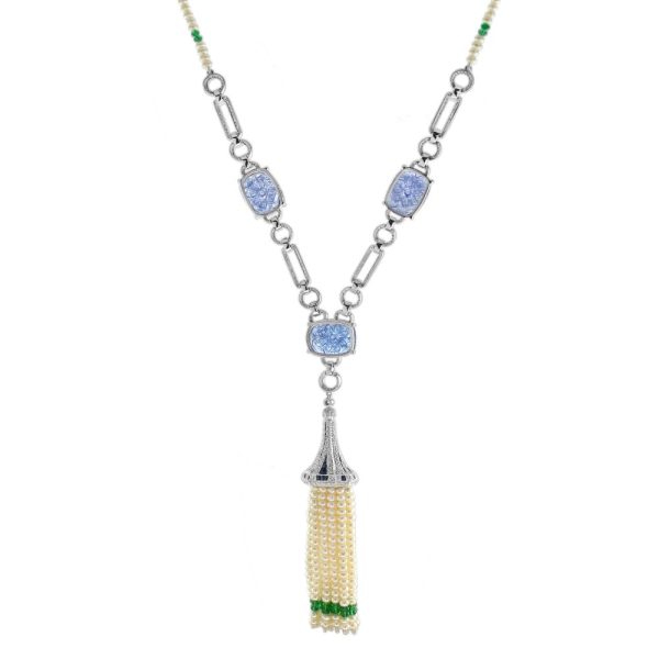 Carved Tanzanite and Pearl Tassel Drop Pendant Necklace with Diamond Emerald and Sapphire