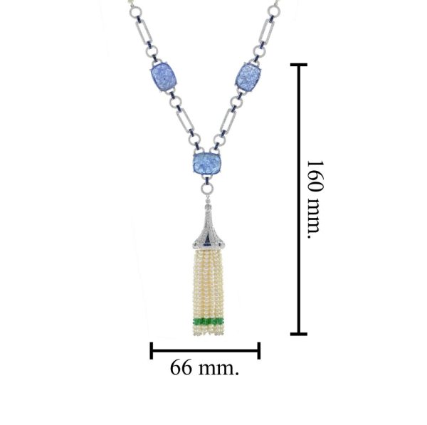 Carved Tanzanite and Pearl Tassel Drop Pendant Necklace with Diamonds Emeralds and Sapphires