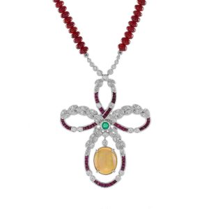 Edwardian Style 3.24ct Ethiopian Opal Ruby Emerald and Diamond Bow Pendant on Ruby Bead Necklace