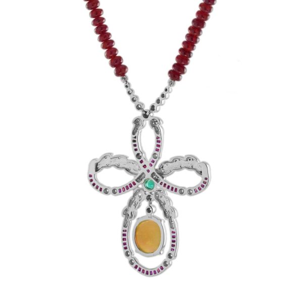 Edwardian Style 3.24ct Ethiopian Opal Ruby Emerald and Diamond Pendant on Ruby Bead Necklace