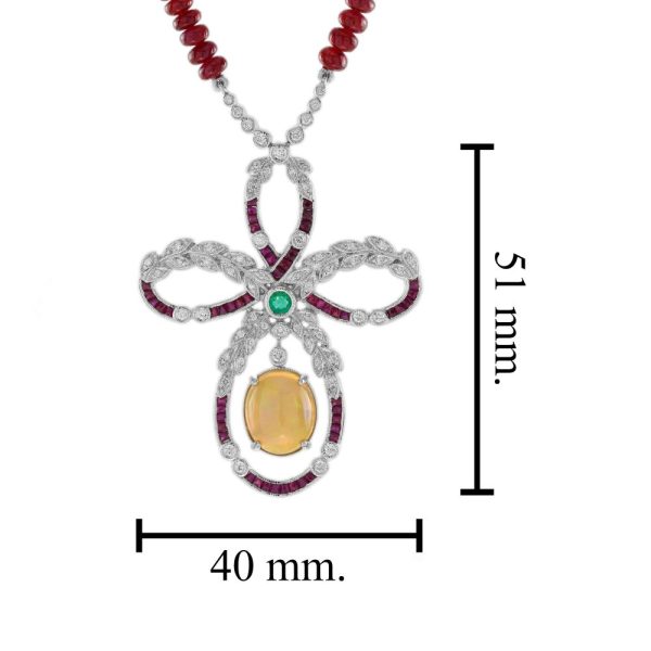 Edwardian Style 3.24ct Ethiopian Opal Ruby Emerald and Diamond Pendant on Ruby Bead Necklace