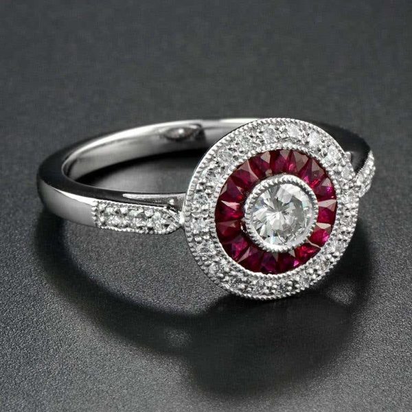 Diamond and Ruby Target Cluster Engagement Ring in Platinum