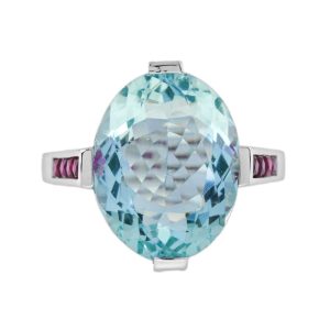 6.34ct Aquamarine Solitaire Ring with Ruby Shoulders