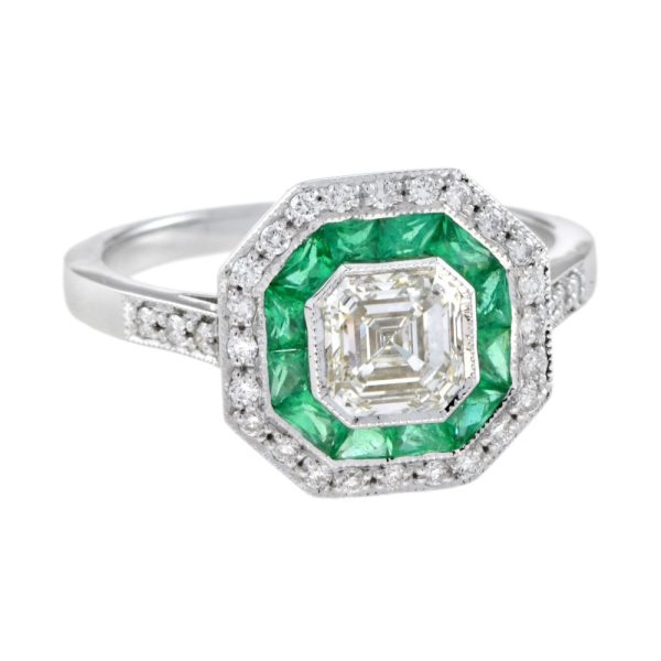 1ct Asscher Cut Diamond and Emerald Cluster Engagement Ring
