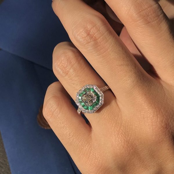 1ct Asscher Cut Diamond and Emerald Cluster Engagement Ring