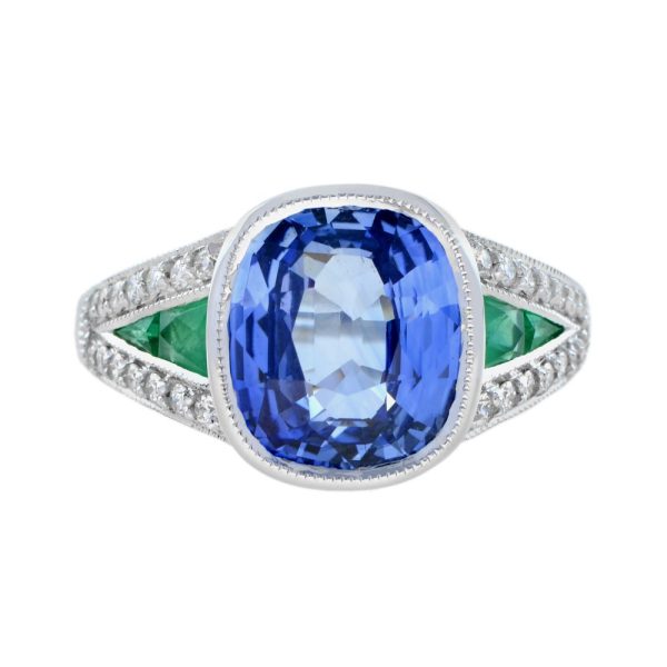 4.47ct Cushion Cut Ceylon Sapphire with Emerald and Diamond Cluster Engagement Ring