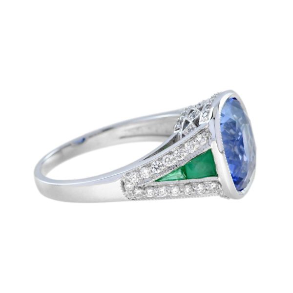 4.47ct Cushion Cut Ceylon Sapphire with Emerald and Diamond Cluster Engagement Ring