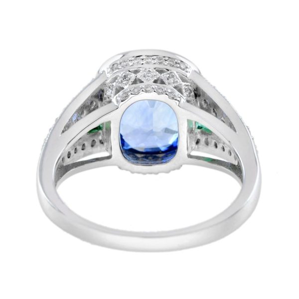 4.47ct Cushion Cut Ceylon Sapphire with Emerald and Diamond Cluster Ring