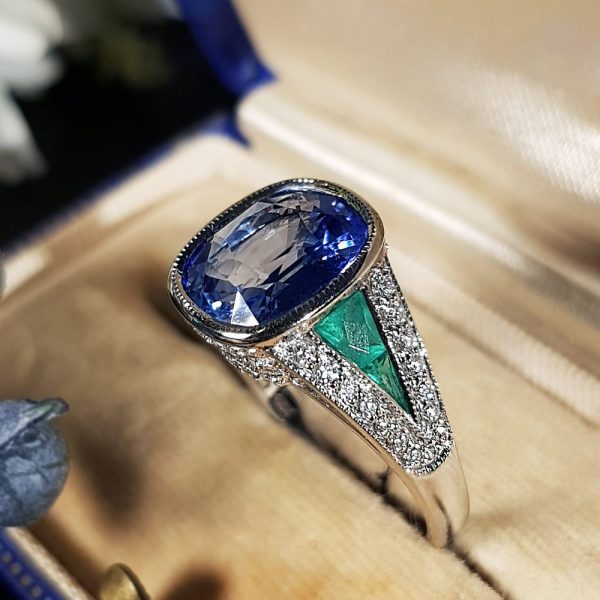 4.47ct Ceylon Sapphire with Emerald and Diamond Cluster Ring