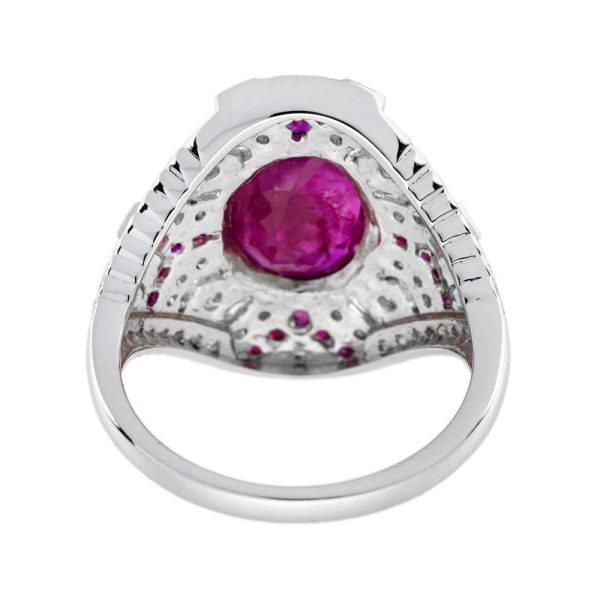 Art Deco Inspired 2.37ct Oval Burma Ruby and Diamond Cluster Dress Ring in 18ct White Gold