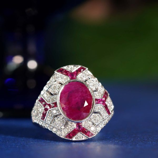 Art Deco Style 2.37ct Oval Burma Ruby and Diamond Cluster Dress Ring