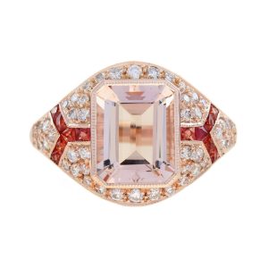 2.70ct Emerald Cut Morganite Orange Sapphire Diamond Cluster Ring in 18ct Rose Gold