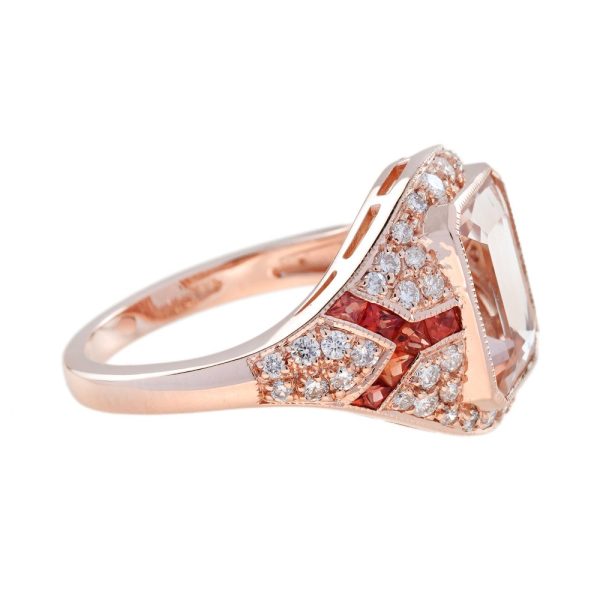 2.70ct Emerald Cut Morganite Orange Sapphire Diamond Cluster Ring in 18ct Rose Gold