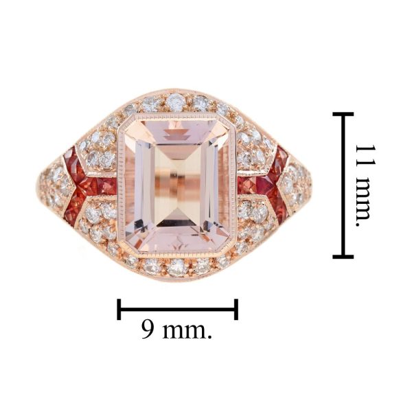 2.70ct Emerald Cut Morganite Orange Sapphire Diamond Bombe Ring
