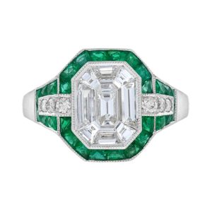 Illusion Emerald Cut Diamonds and Emerald Cluster Engagement Ring