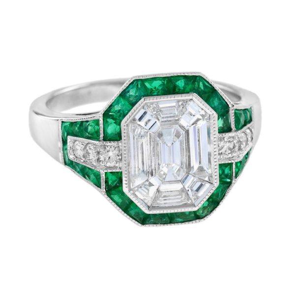 Illusion Emerald Cut Diamonds and Emerald Cluster Engagement Ring