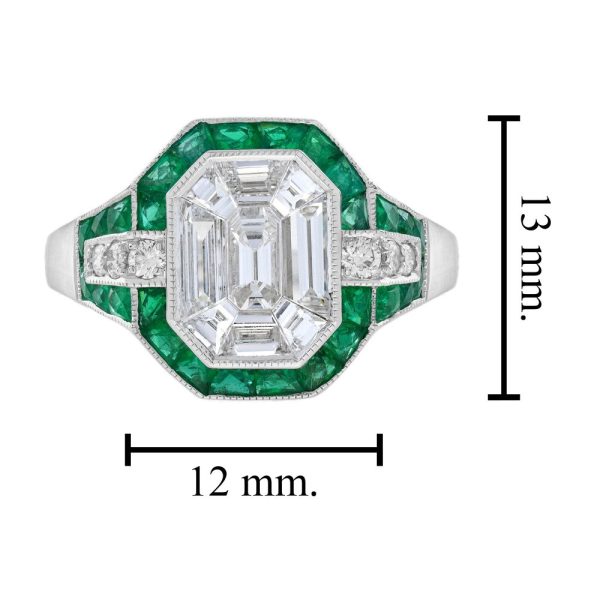 Illusion Emerald Cut Diamonds and Emerald Cluster Engagement Ring