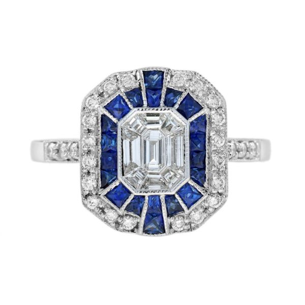 Illusion Set Emerald Cut Diamond and Sapphire Cluster Dress Ring