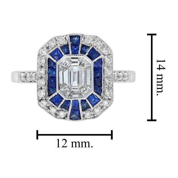 Illusion Set Emerald Cut Diamond and Sapphire Cluster Dress Ring